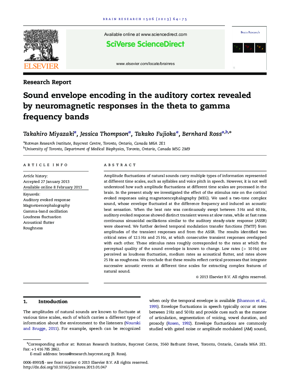 Research ReportSound envelope encoding in the auditory cortex revealed by neuromagnetic responses in the theta to gamma frequency bands