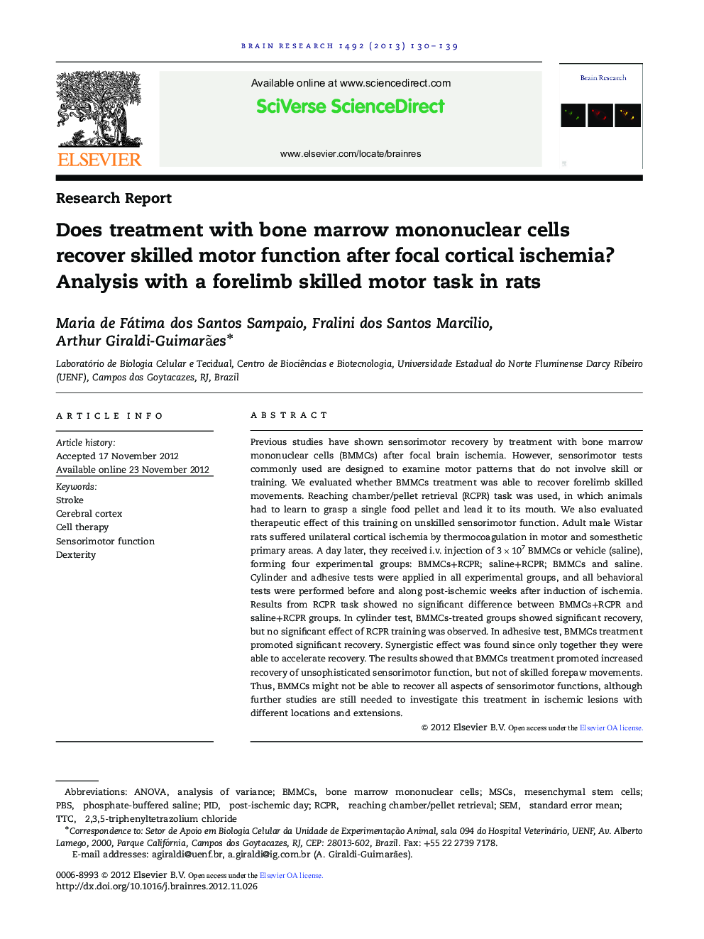 Research ReportDoes treatment with bone marrow mononuclear cells recover skilled motor function after focal cortical ischemia? Analysis with a forelimb skilled motor task in rats
