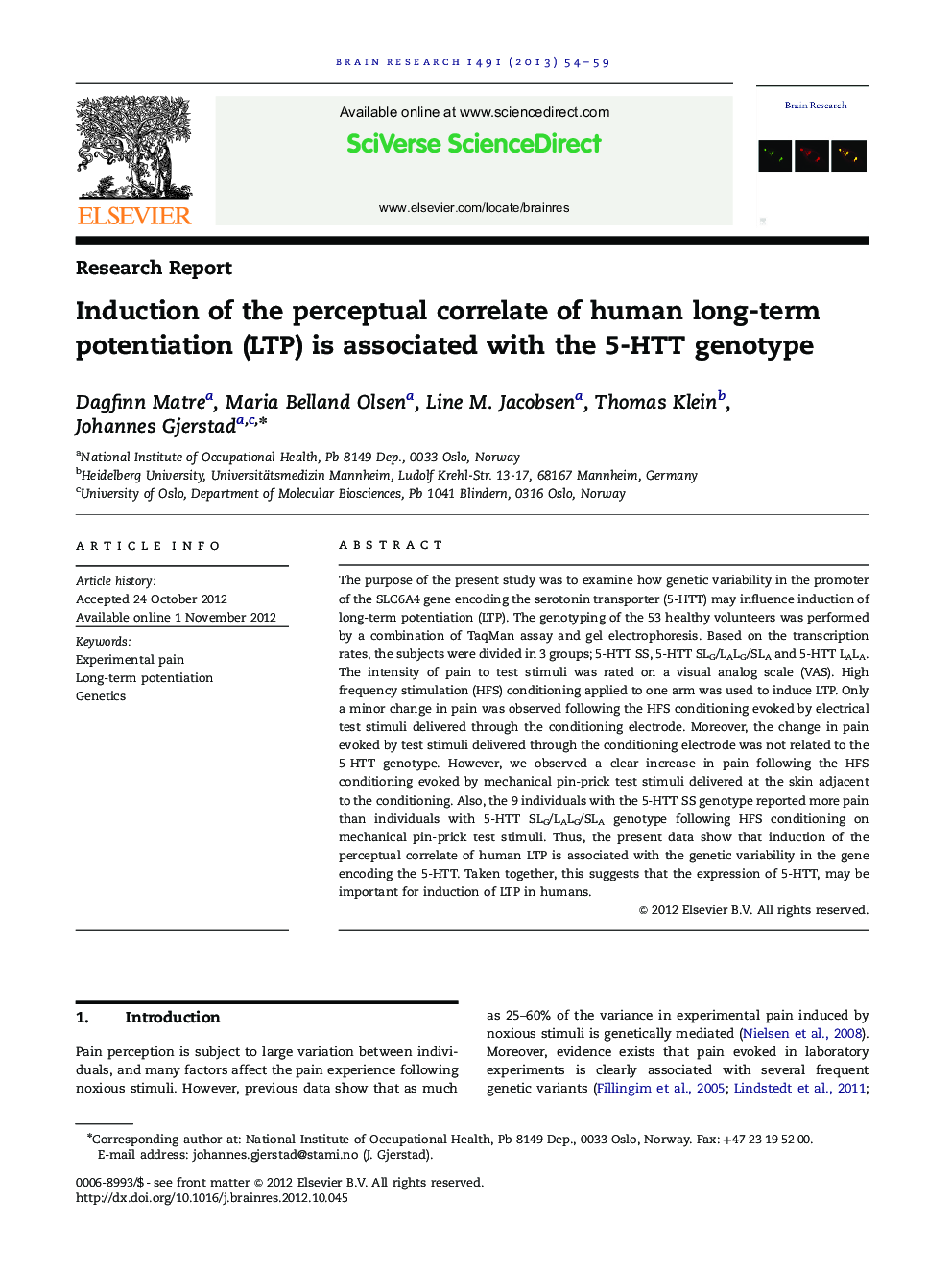 Research ReportInduction of the perceptual correlate of human long-term potentiation (LTP) is associated with the 5-HTT genotype