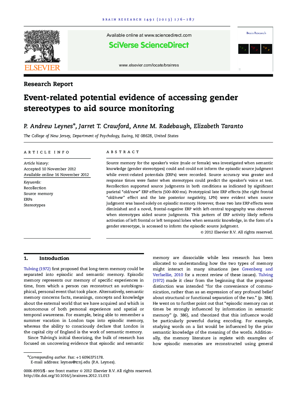Research ReportEvent-related potential evidence of accessing gender stereotypes to aid source monitoring