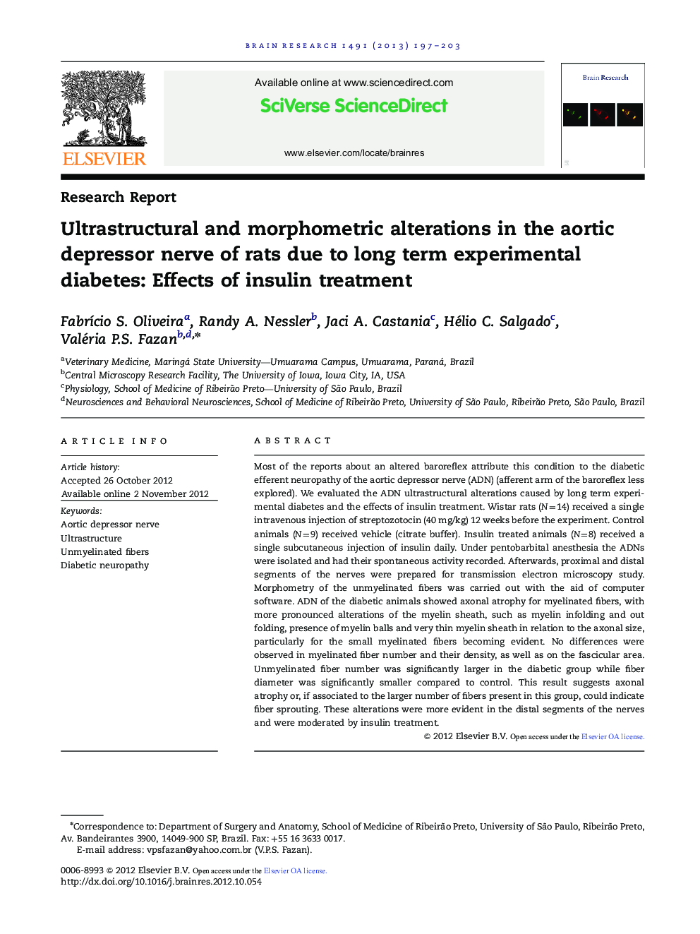 Research ReportUltrastructural and morphometric alterations in the aortic depressor nerve of rats due to long term experimental diabetes: Effects of insulin treatment