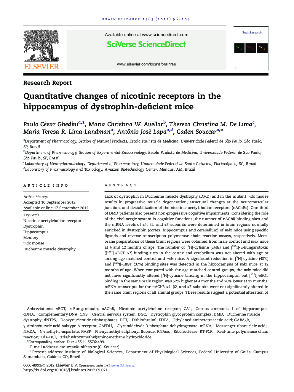 Research ReportQuantitative changes of nicotinic receptors in the hippocampus of dystrophin-deficient mice