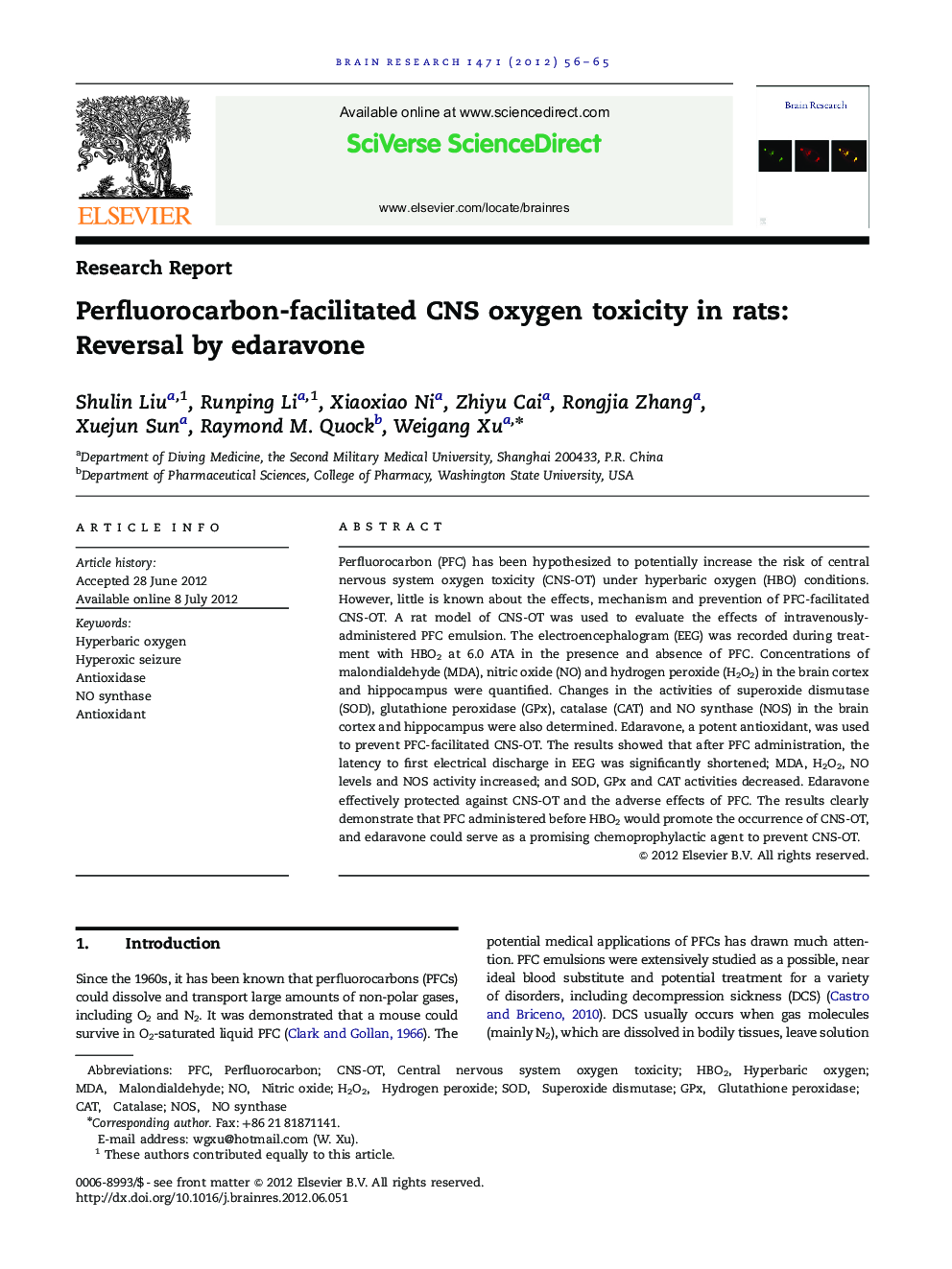 Research ReportPerfluorocarbon-facilitated CNS oxygen toxicity in rats: Reversal by edaravone