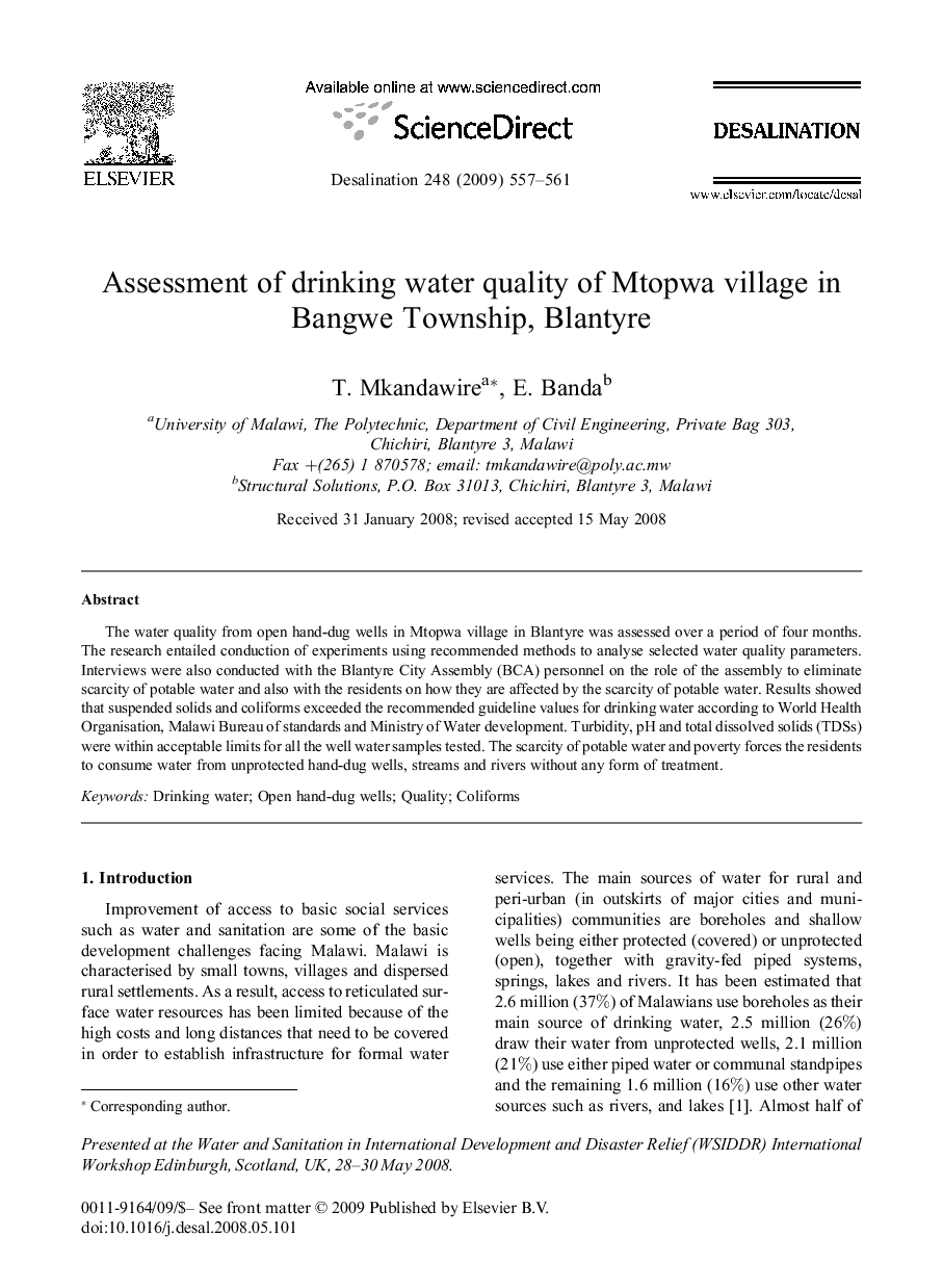 Assessment of drinking water quality of Mtopwa village in Bangwe Township, Blantyre