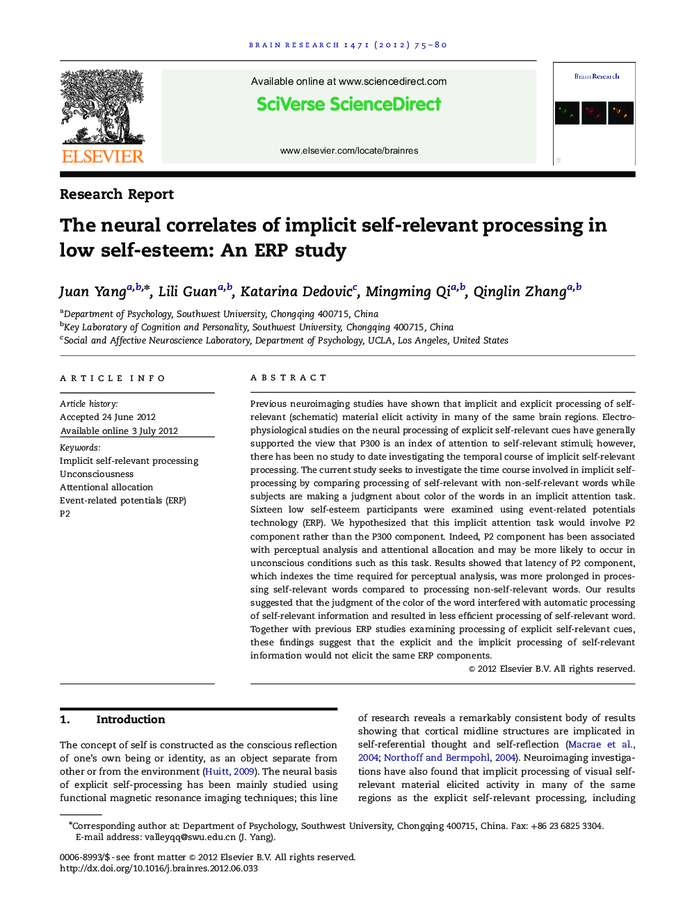 Research ReportThe neural correlates of implicit self-relevant processing in low self-esteem: An ERP study