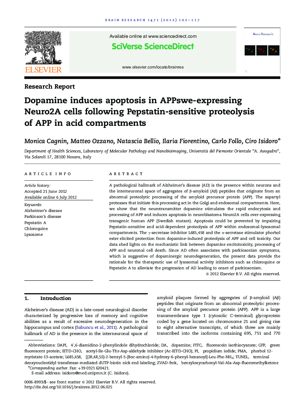 Dopamine induces apoptosis in APPswe-expressing Neuro2A cells following Pepstatin-sensitive proteolysis of APP in acid compartments