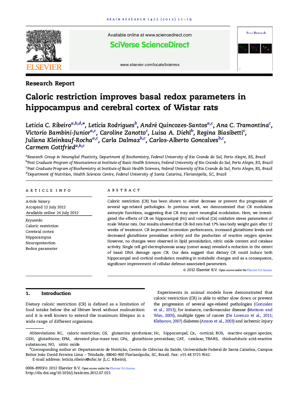Research ReportCaloric restriction improves basal redox parameters in hippocampus and cerebral cortex of Wistar rats