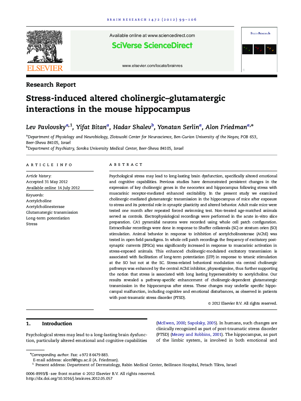 Stress-induced altered cholinergic-glutamatergic interactions in the mouse hippocampus