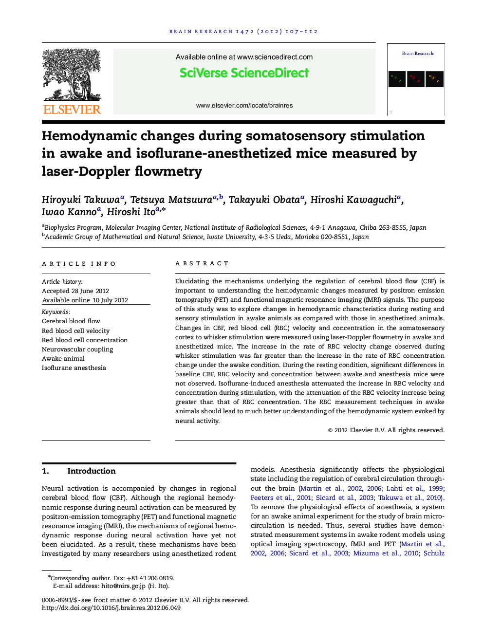 Hemodynamic changes during somatosensory stimulation in awake and isoflurane-anesthetized mice measured by laser-Doppler flowmetry