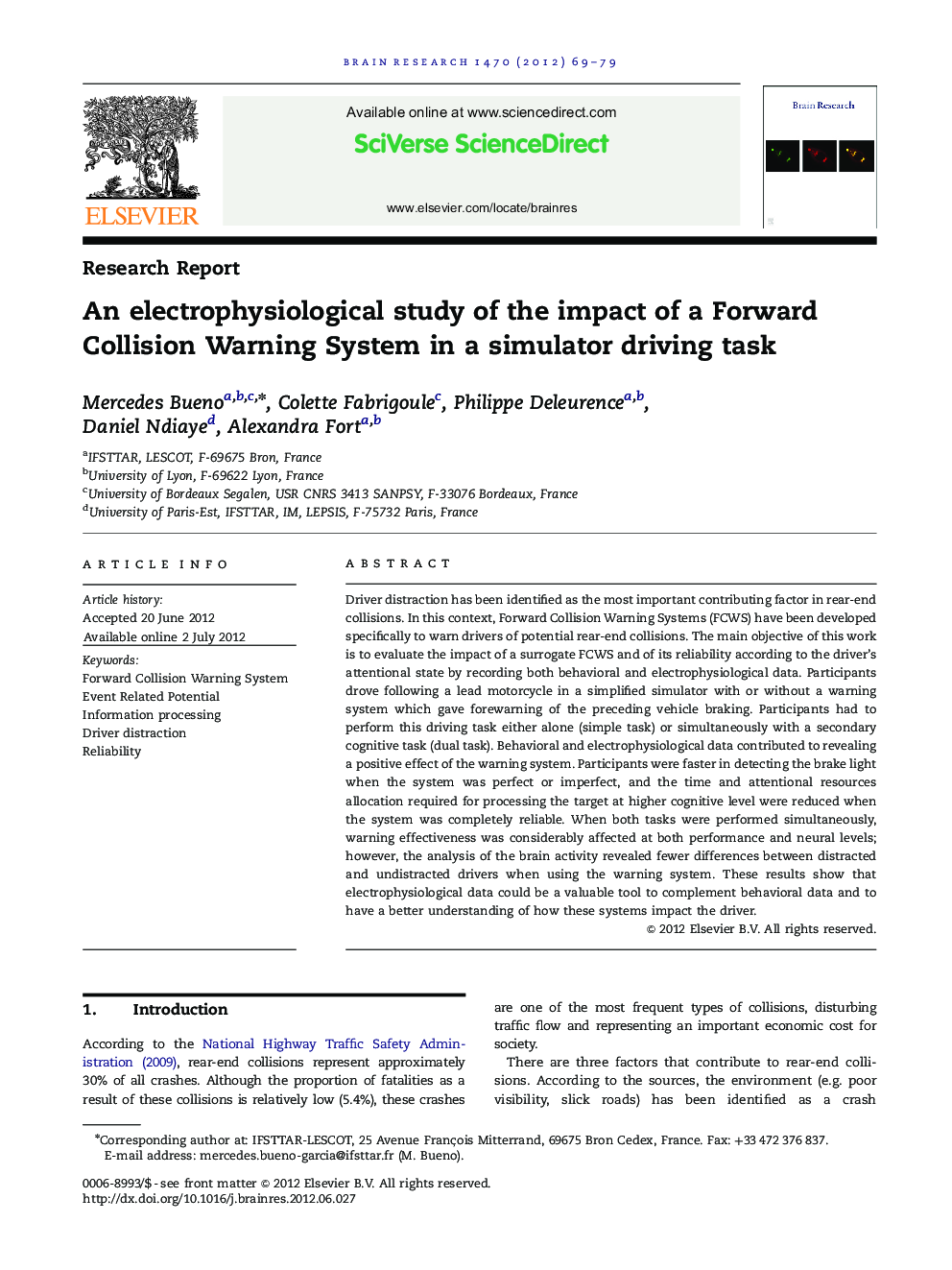 Research ReportAn electrophysiological study of the impact of a Forward Collision Warning System in a simulator driving task