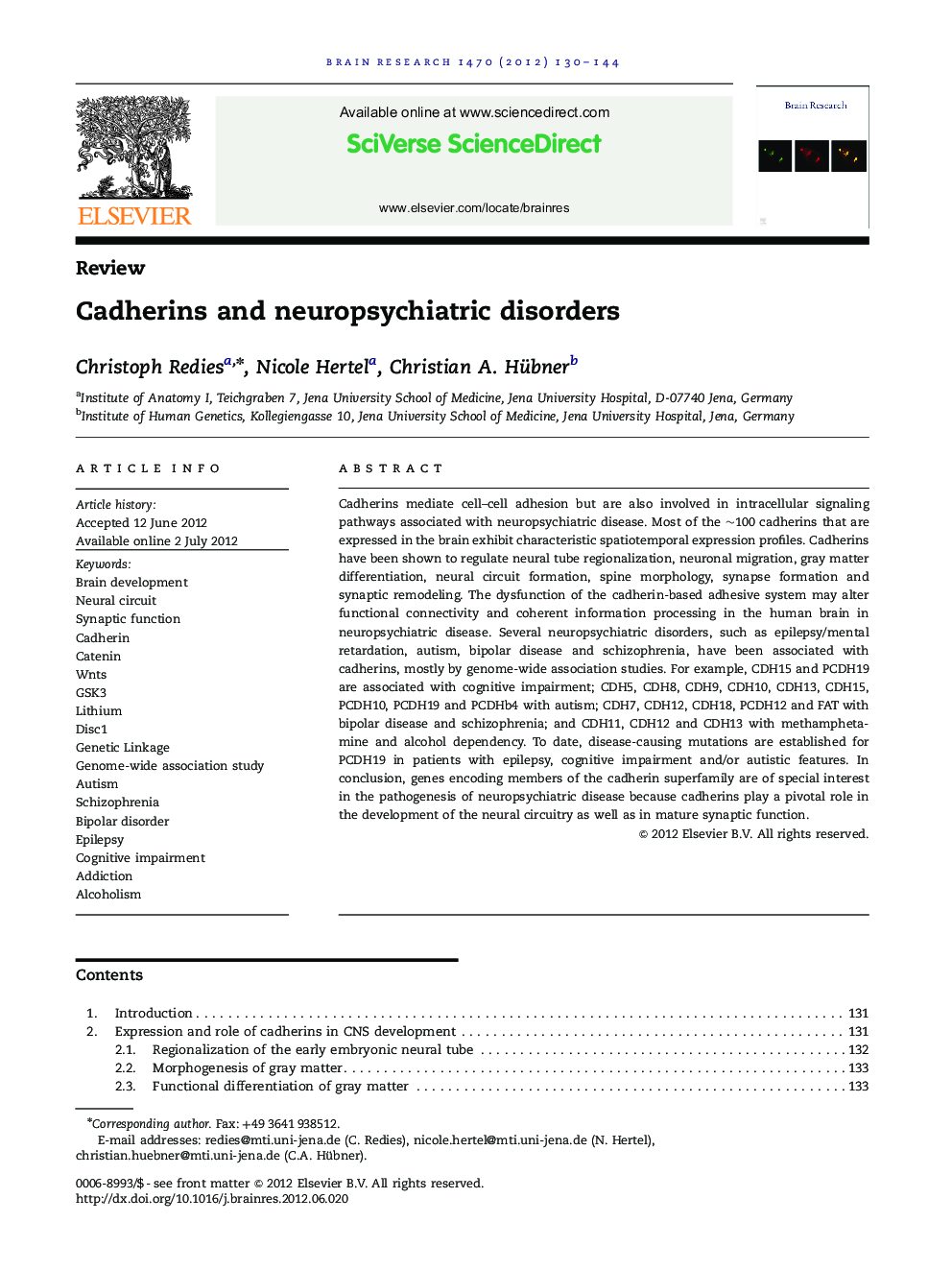 ReviewCadherins and neuropsychiatric disorders