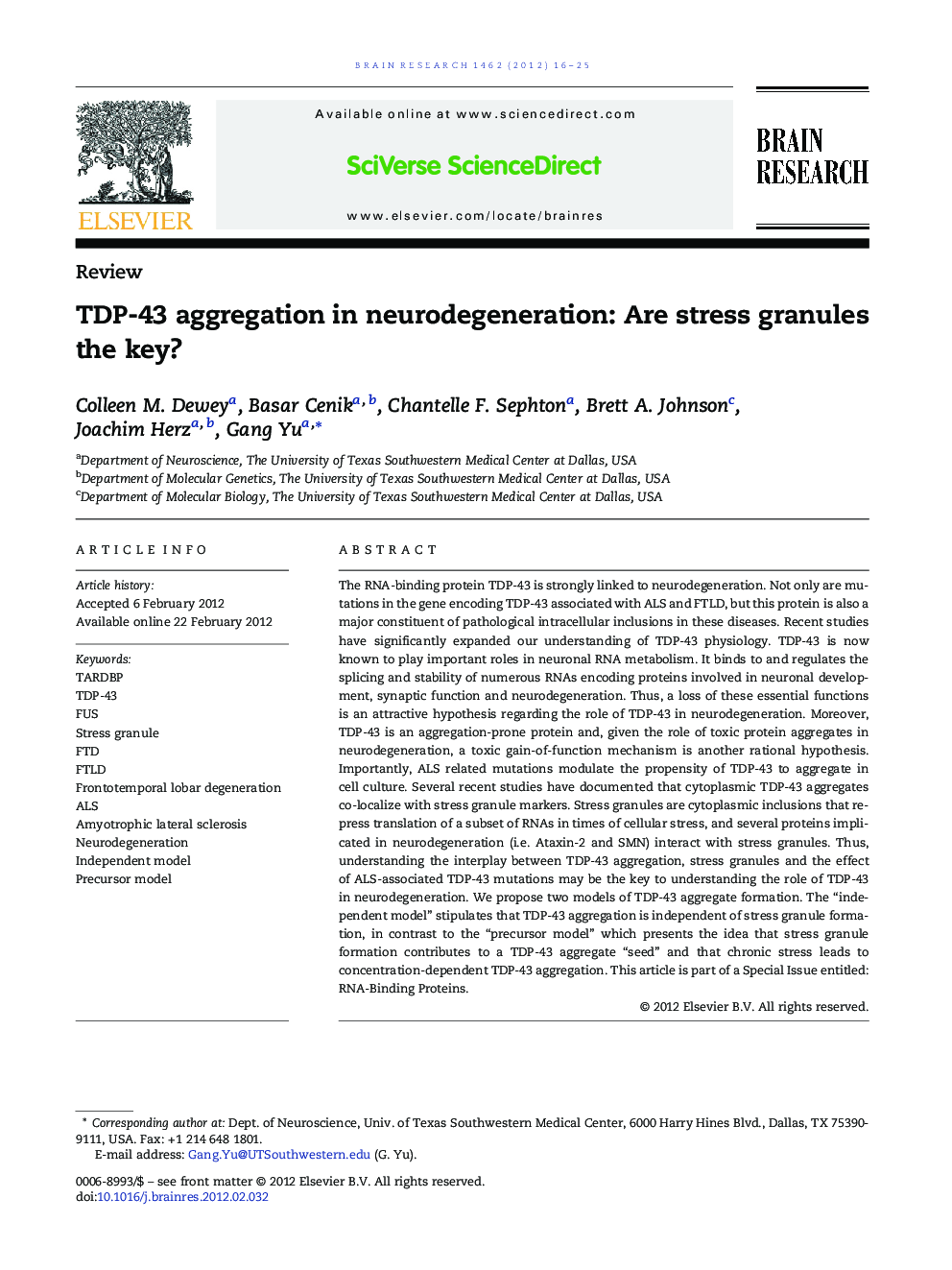 ReviewTDP-43 aggregation in neurodegeneration: Are stress granules the key?