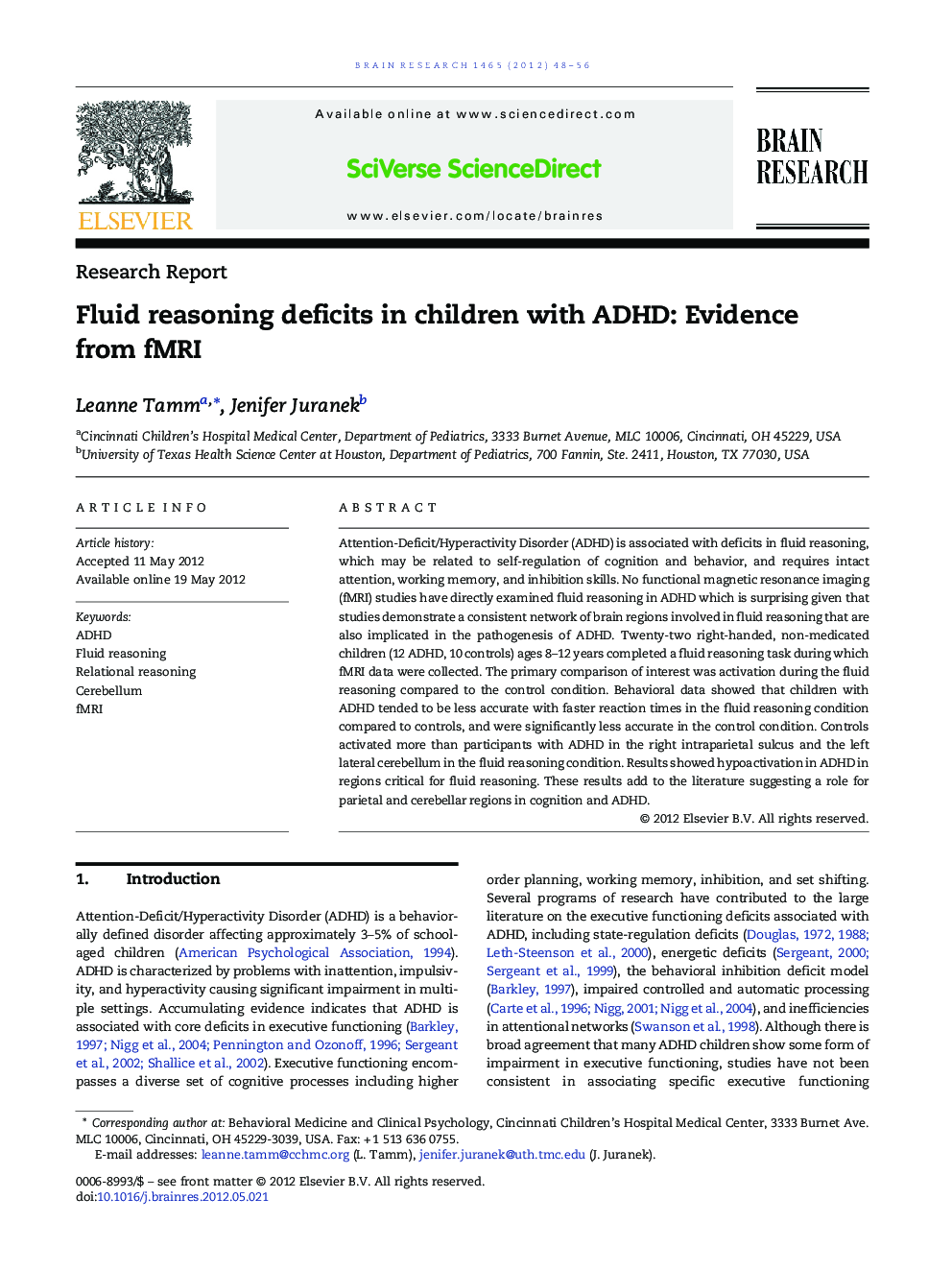 Research ReportFluid reasoning deficits in children with ADHD: Evidence from fMRI