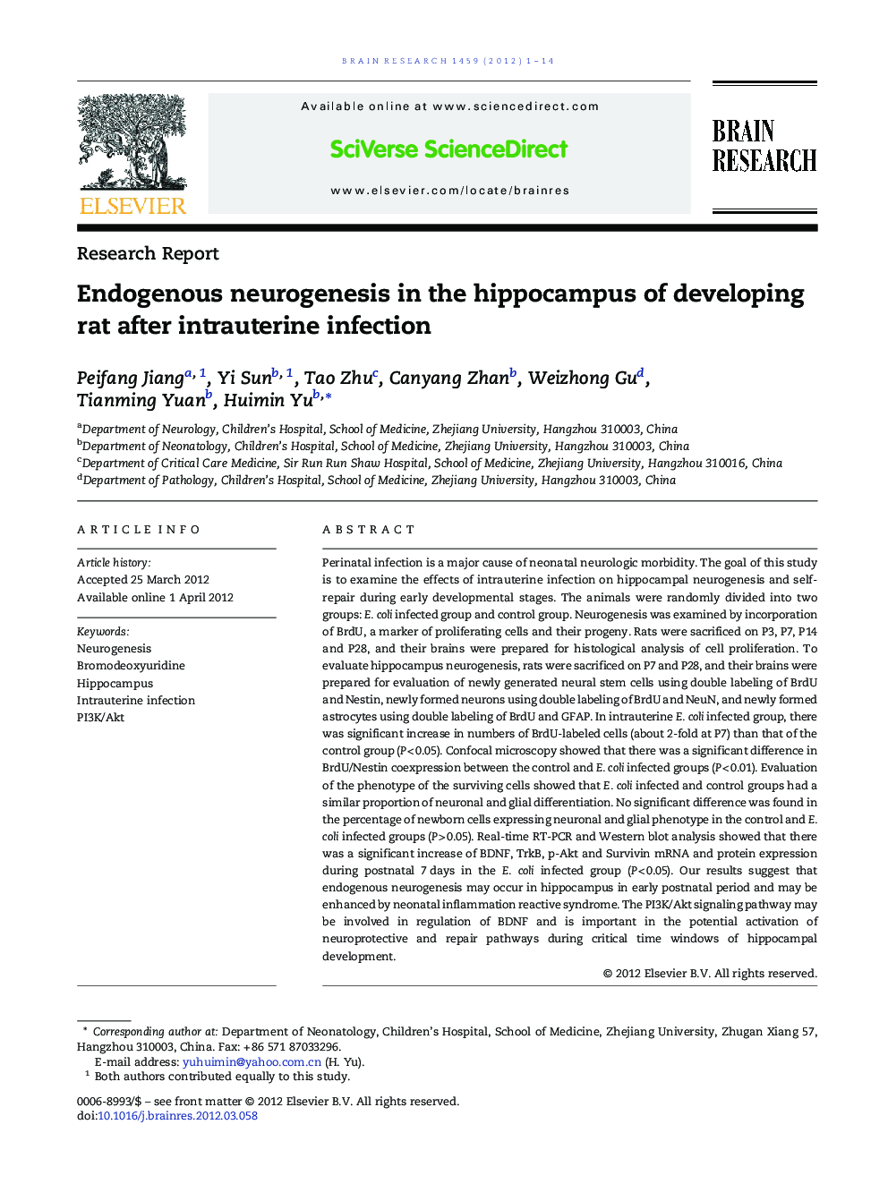 Research ReportEndogenous neurogenesis in the hippocampus of developing rat after intrauterine infection