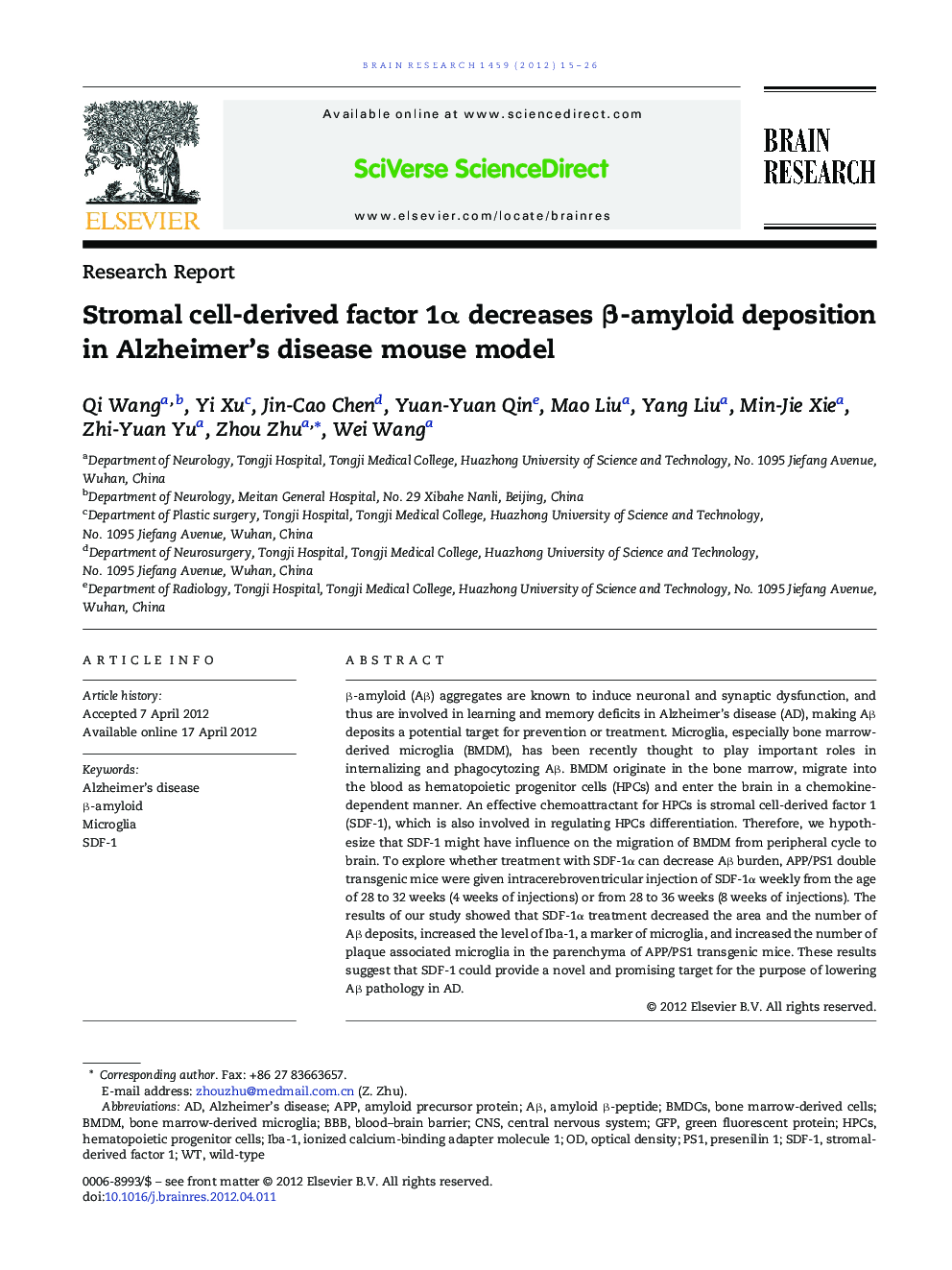Research ReportStromal cell-derived factor 1Î± decreases Î²-amyloid deposition in Alzheimer's disease mouse model