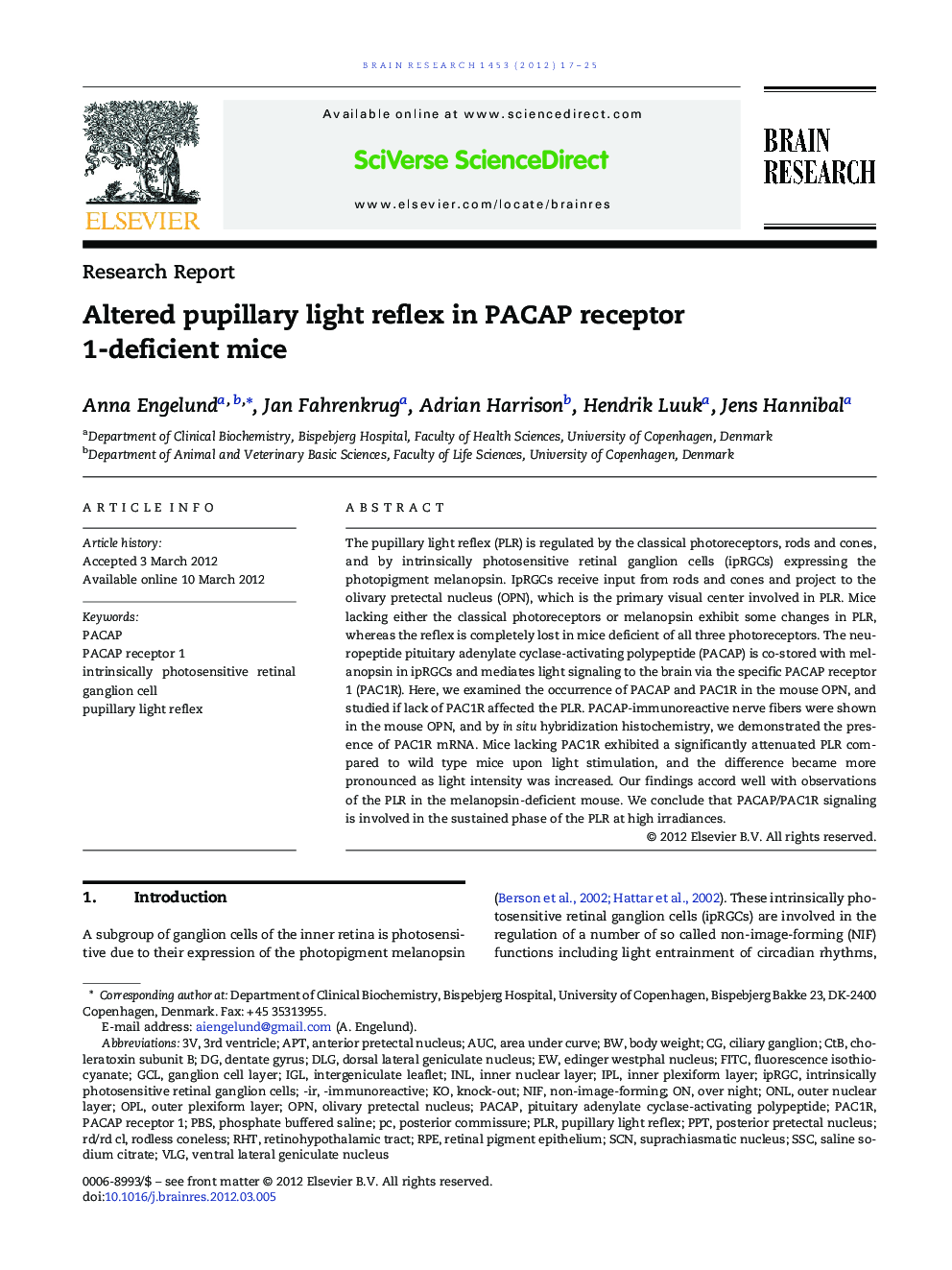 Research ReportAltered pupillary light reflex in PACAP receptor 1-deficient mice