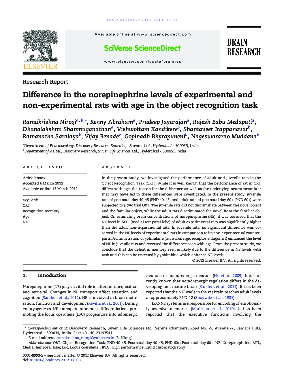 Research ReportDifference in the norepinephrine levels of experimental and non-experimental rats with age in the object recognition task