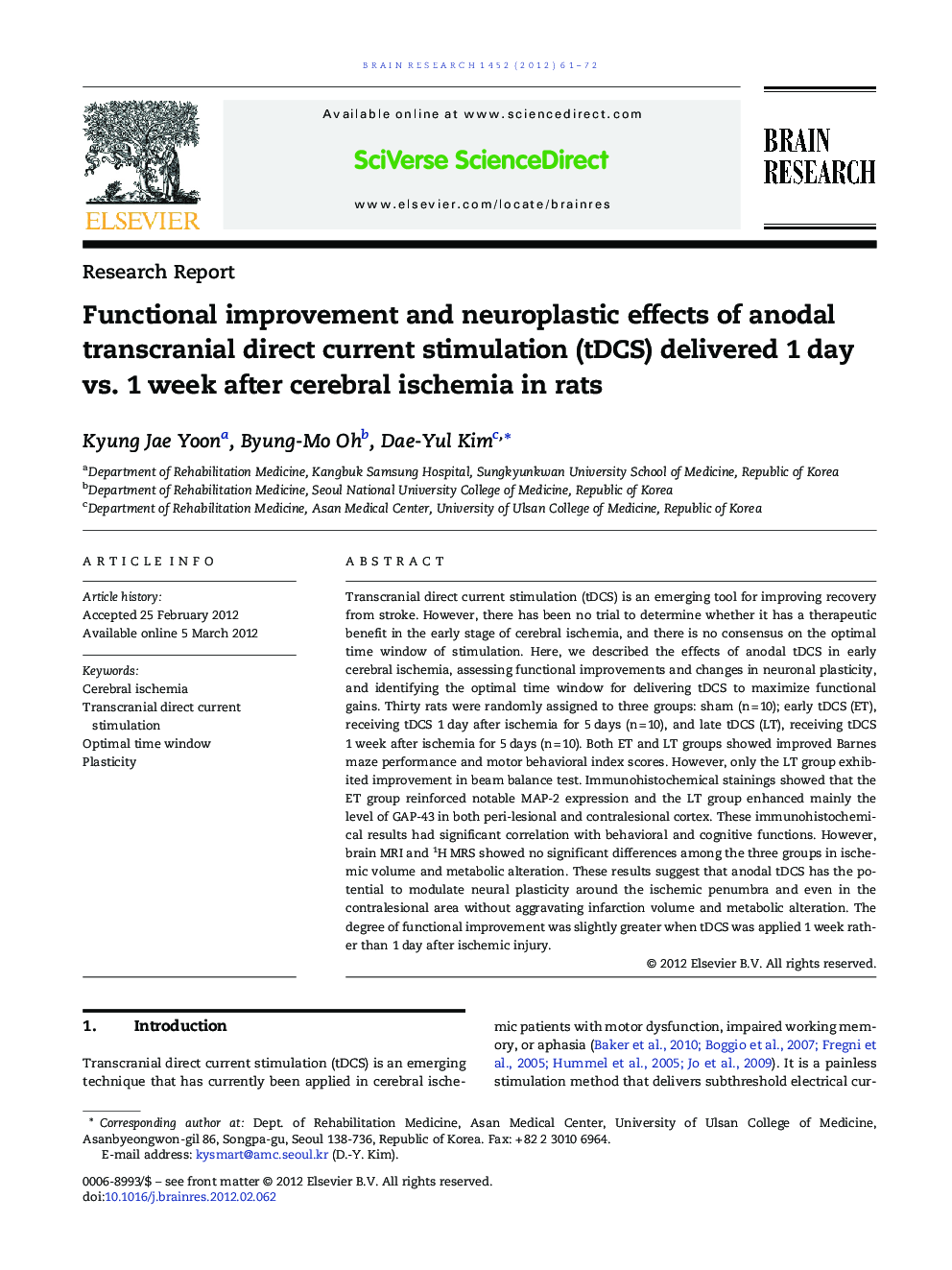 Functional improvement and neuroplastic effects of anodal transcranial direct current stimulation (tDCS) delivered 1 day vs. 1 week after cerebral ischemia in rats
