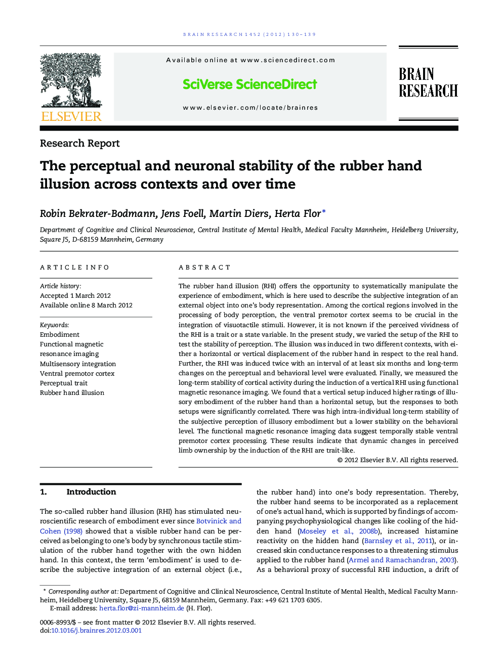 Research ReportThe perceptual and neuronal stability of the rubber hand illusion across contexts and over time