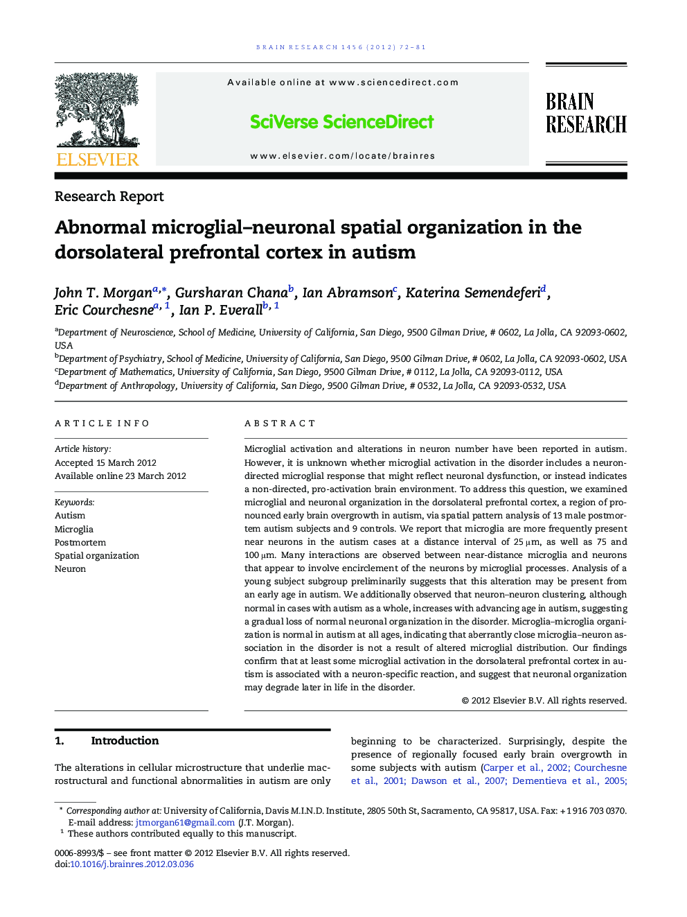 Research ReportAbnormal microglial-neuronal spatial organization in the dorsolateral prefrontal cortex in autism