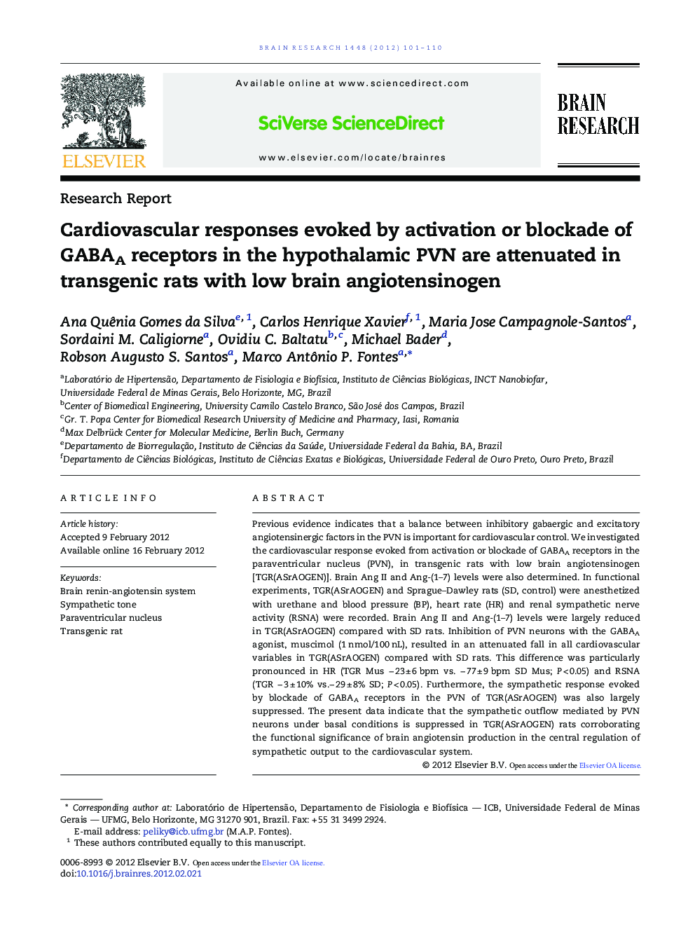 Research ReportCardiovascular responses evoked by activation or blockade of GABAA receptors in the hypothalamic PVN are attenuated in transgenic rats with low brain angiotensinogen