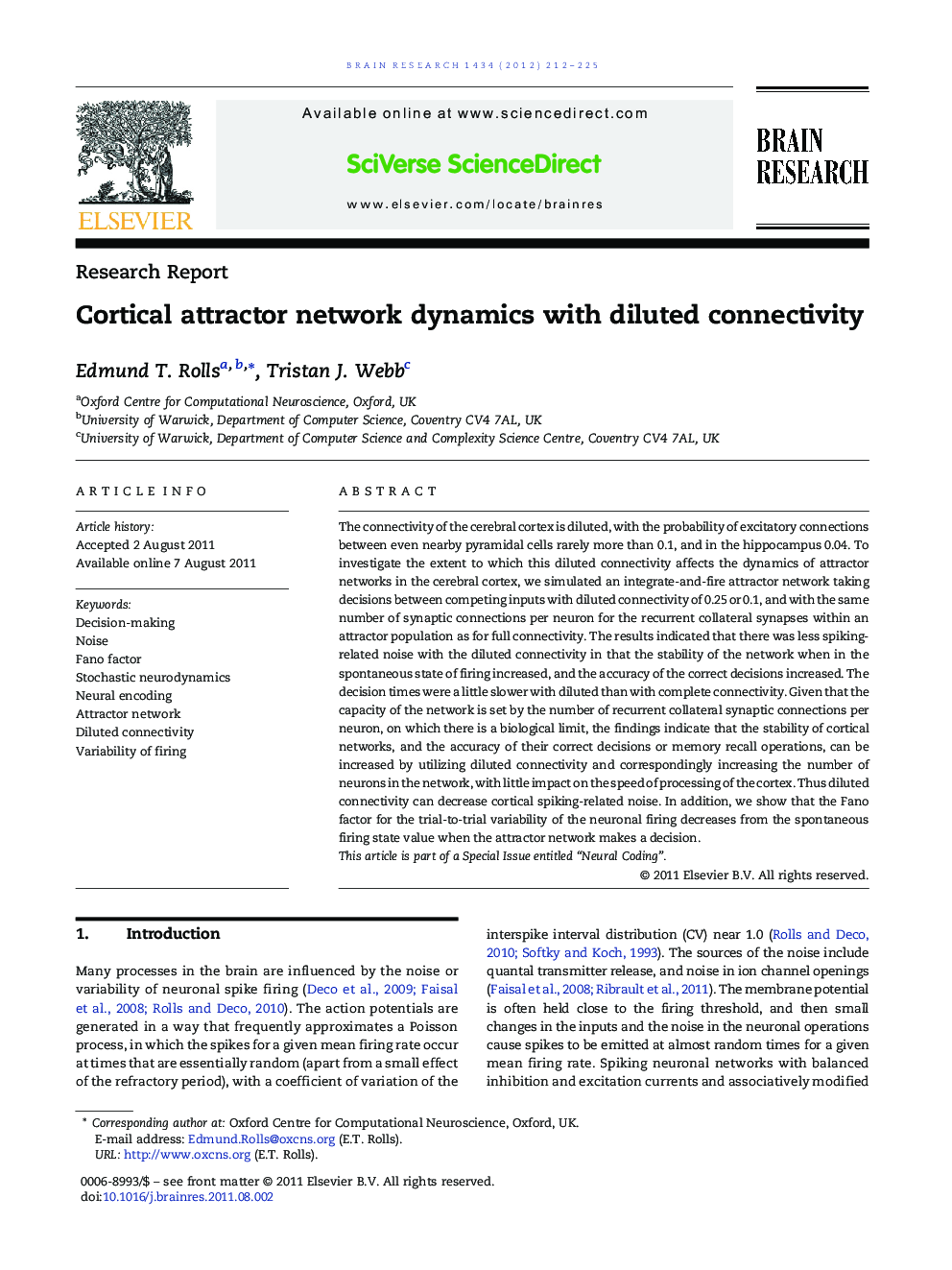 Research ReportCortical attractor network dynamics with diluted connectivity