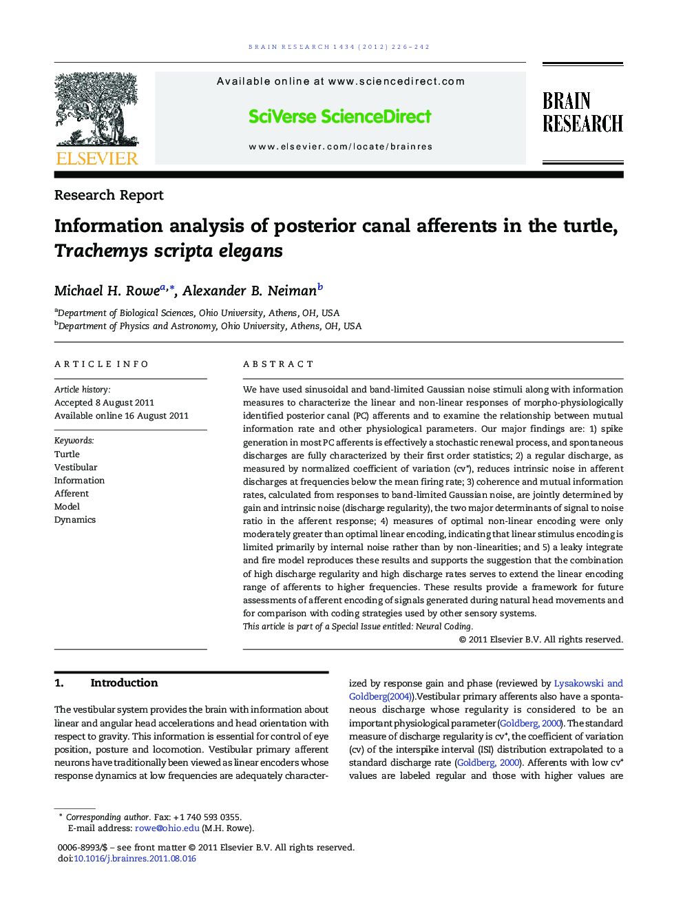 Research ReportInformation analysis of posterior canal afferents in the turtle, Trachemys scripta elegans