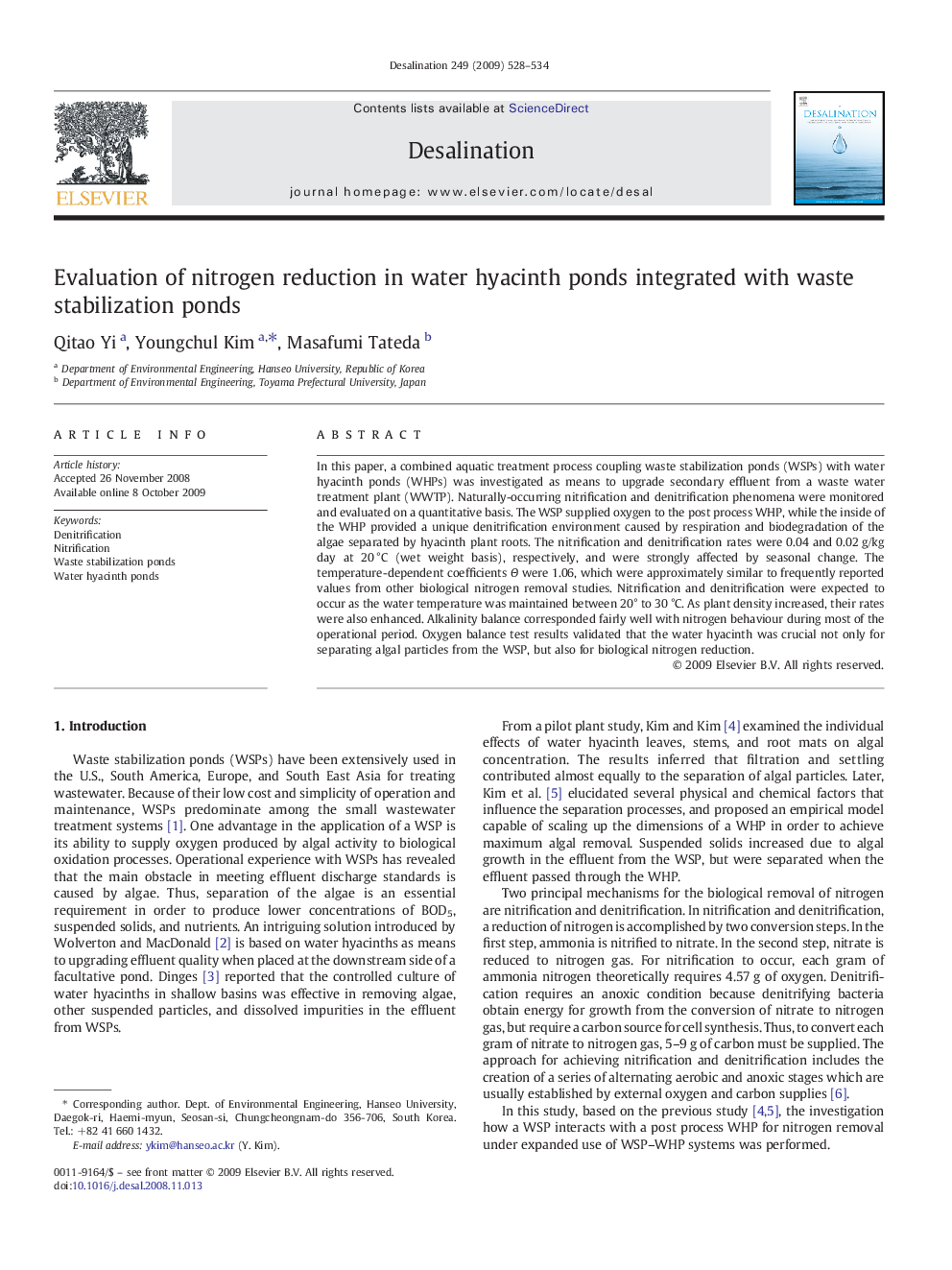 Evaluation of nitrogen reduction in water hyacinth ponds integrated with waste stabilization ponds