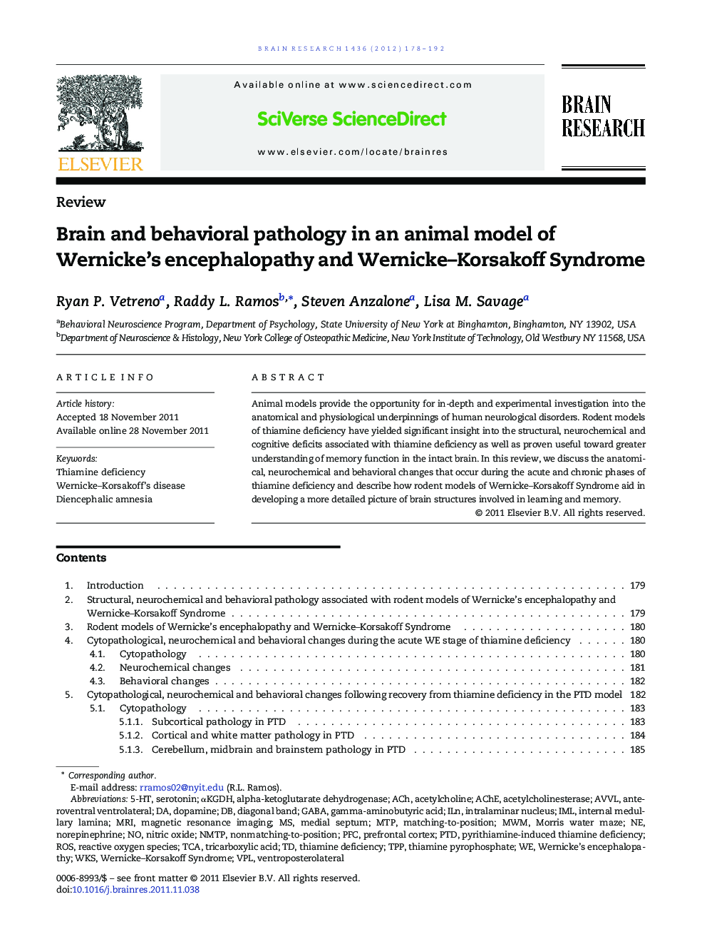 ReviewBrain and behavioral pathology in an animal model of Wernicke's encephalopathy and Wernicke-Korsakoff Syndrome