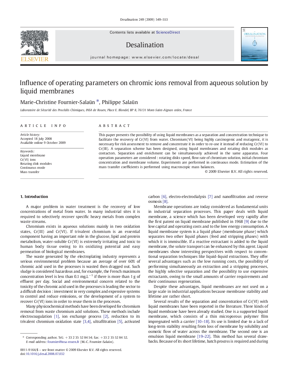 Influence of operating parameters on chromic ions removal from aqueous solution by liquid membranes