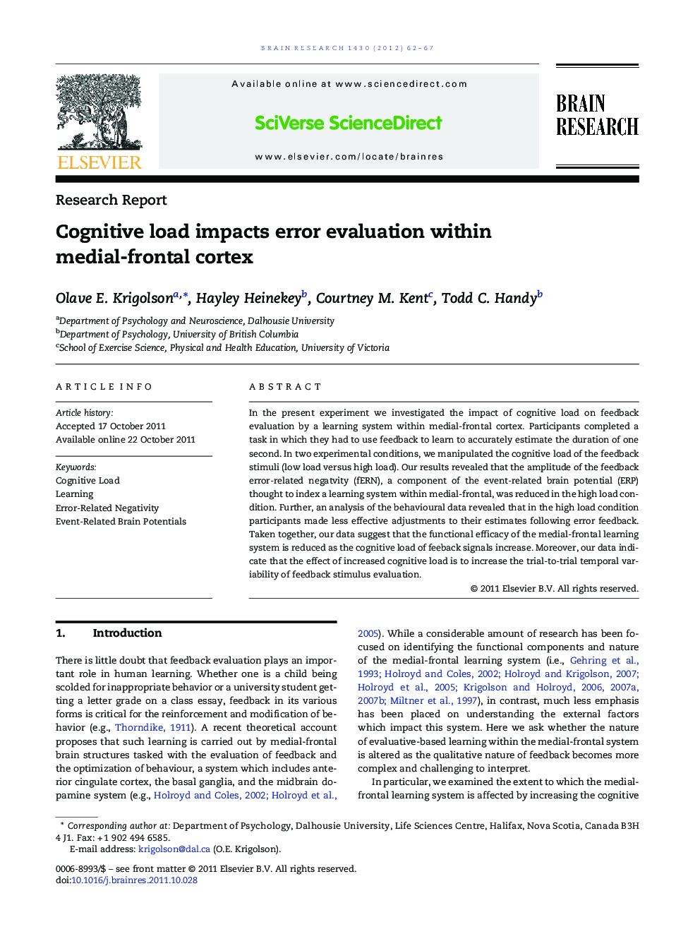 Research ReportCognitive load impacts error evaluation within medial-frontal cortex