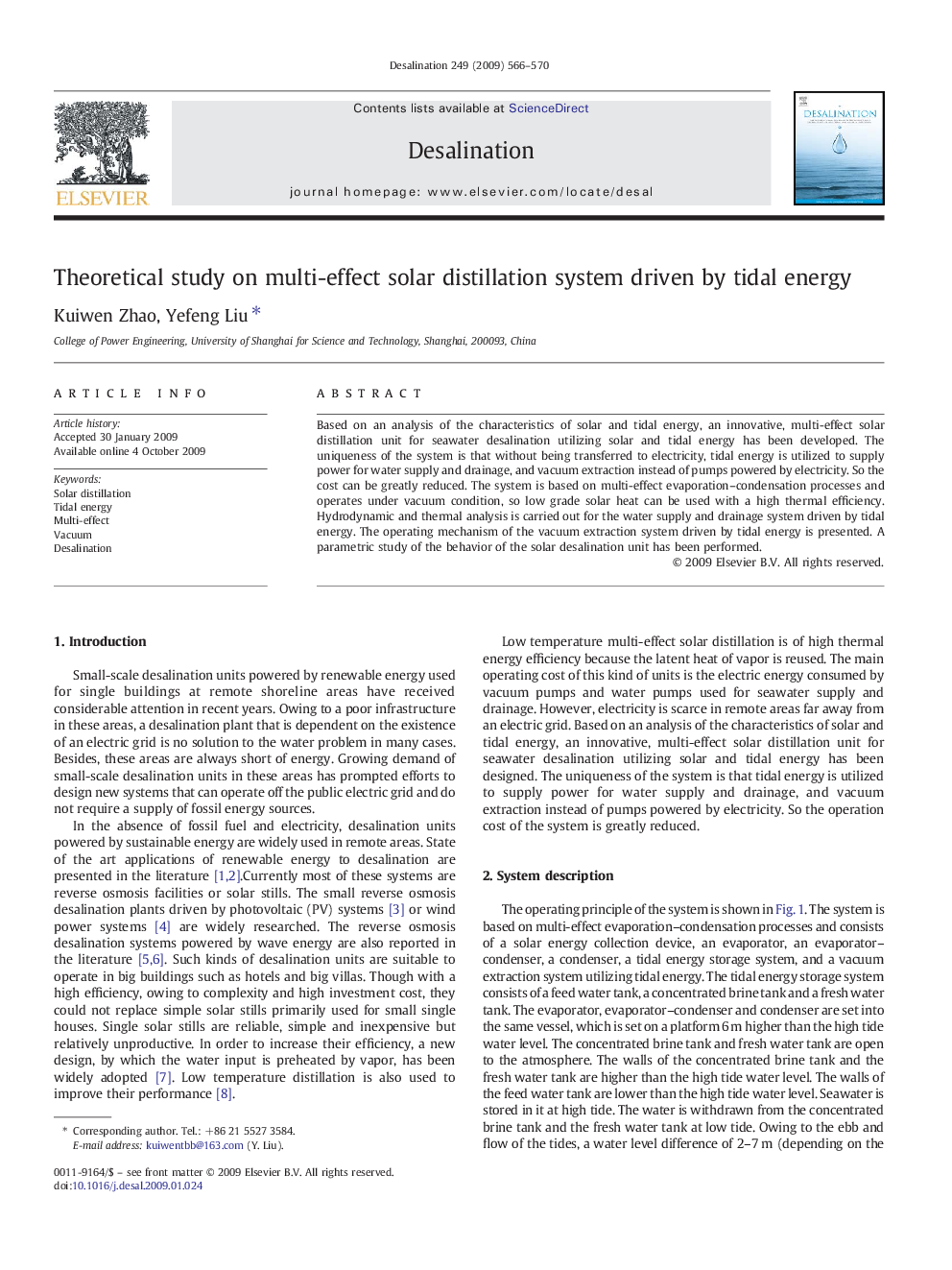 Theoretical study on multi-effect solar distillation system driven by tidal energy