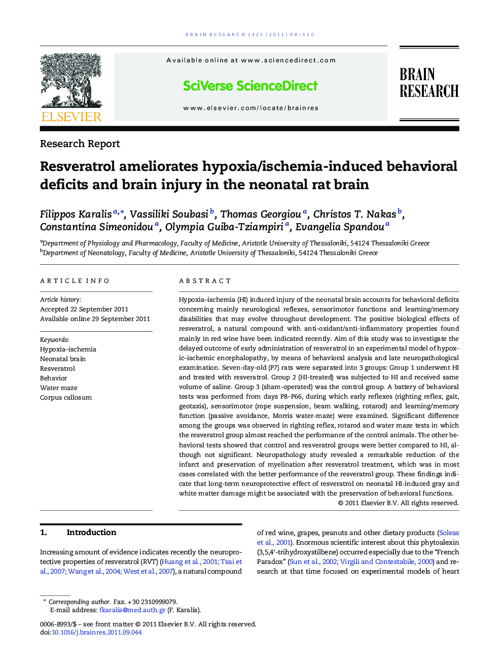 Research ReportResveratrol ameliorates hypoxia/ischemia-induced behavioral deficits and brain injury in the neonatal rat brain