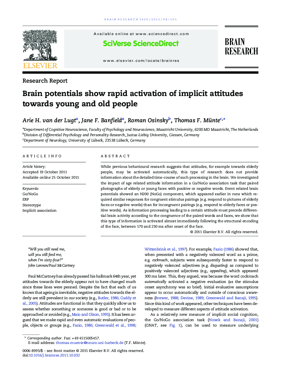 Research ReportBrain potentials show rapid activation of implicit attitudes towards young and old people