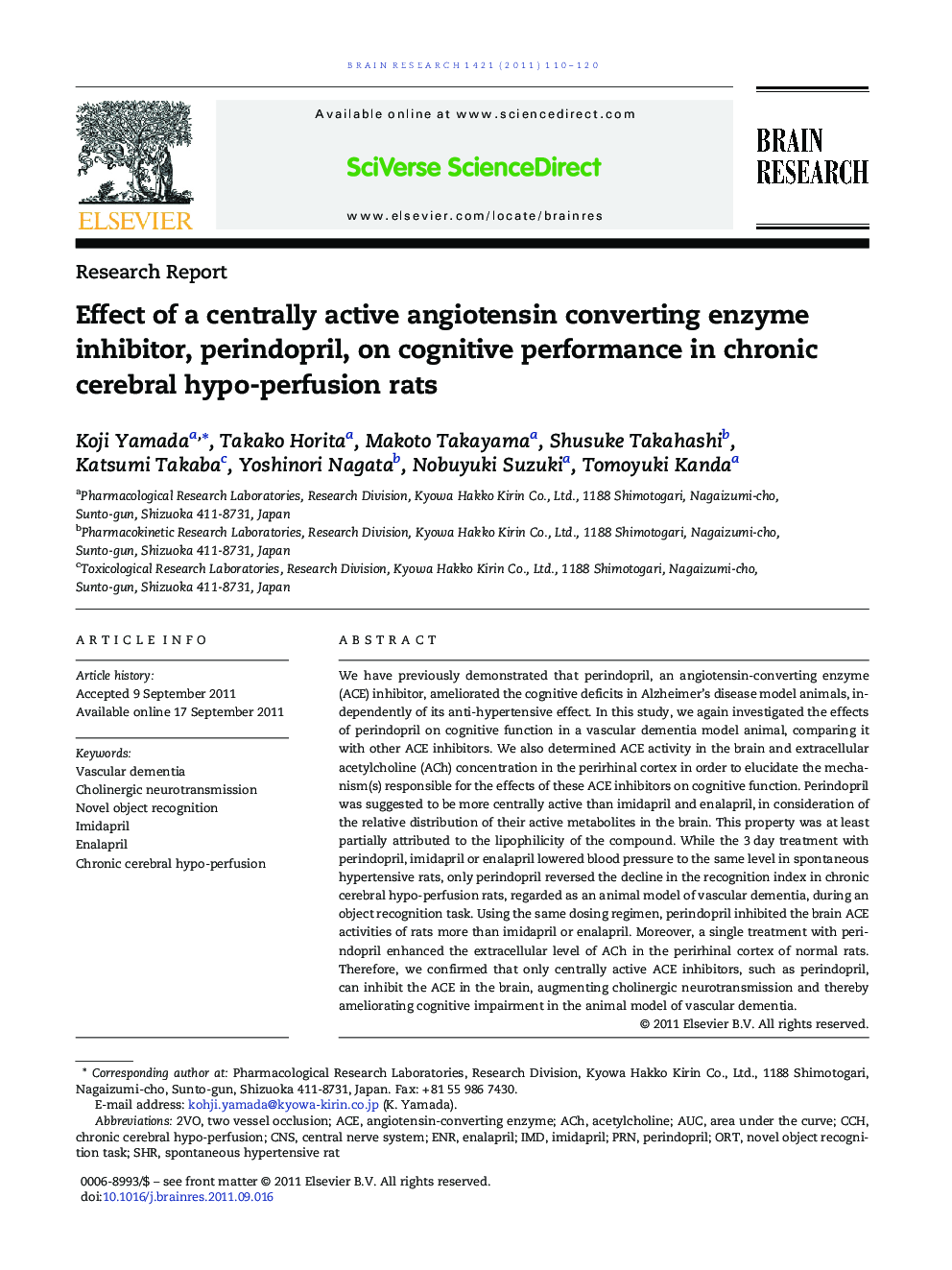 Research ReportEffect of a centrally active angiotensin converting enzyme inhibitor, perindopril, on cognitive performance in chronic cerebral hypo-perfusion rats