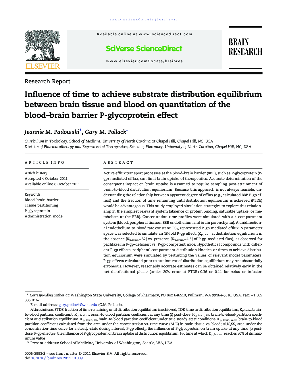 Research ReportInfluence of time to achieve substrate distribution equilibrium between brain tissue and blood on quantitation of the blood-brain barrier P-glycoprotein effect