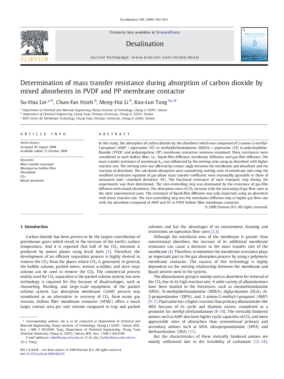 Determination of mass transfer resistance during absorption of carbon dioxide by mixed absorbents in PVDF and PP membrane contactor