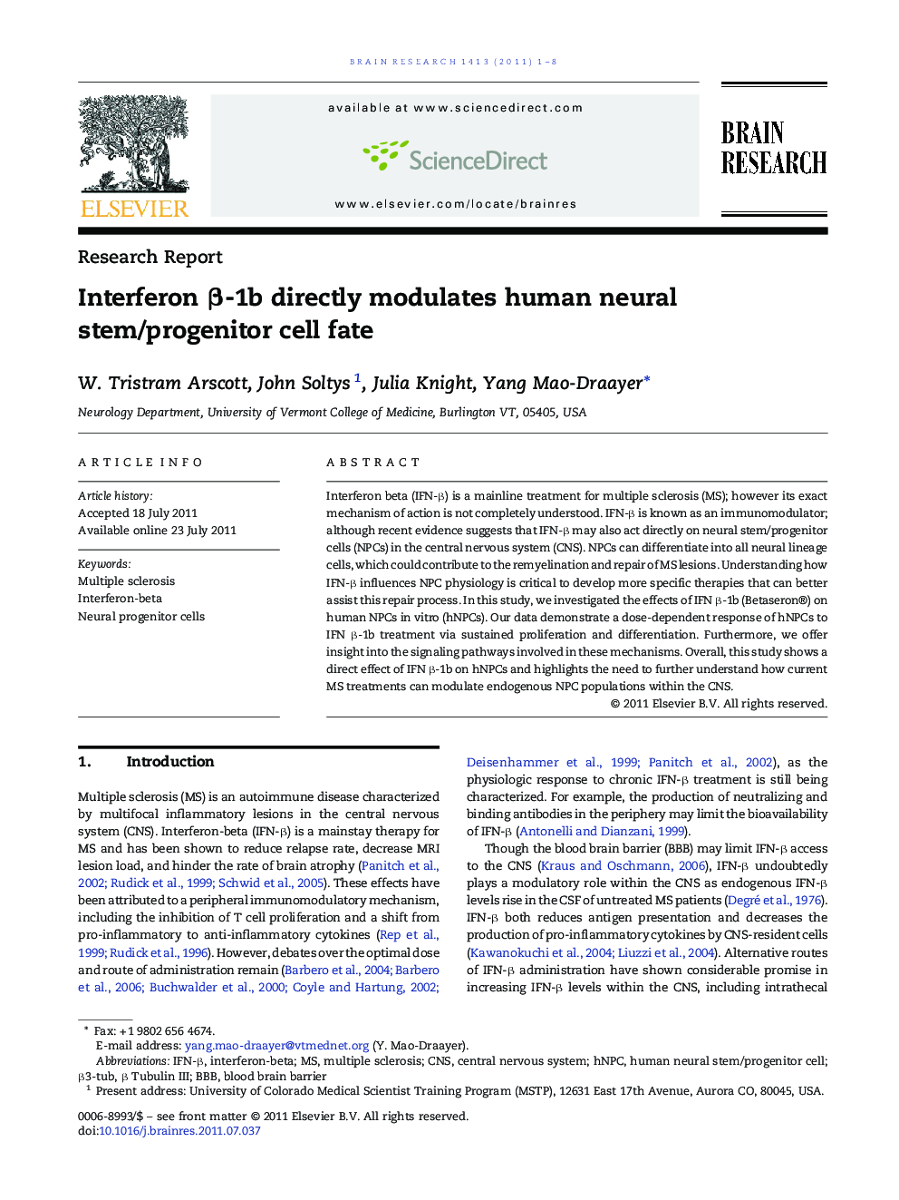Research ReportInterferon Î²-1b directly modulates human neural stem/progenitor cell fate