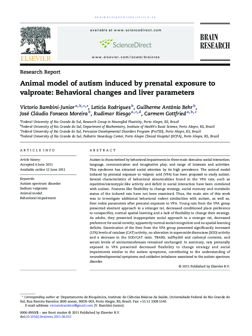 Animal model of autism induced by prenatal exposure to valproate: Behavioral changes and liver parameters