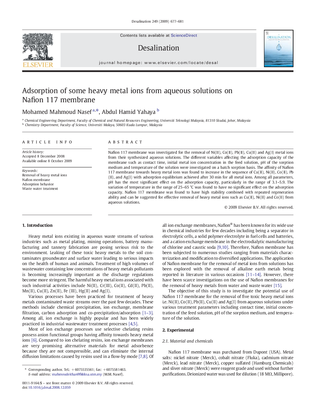 Adsorption of some heavy metal ions from aqueous solutions on Nafion 117 membrane