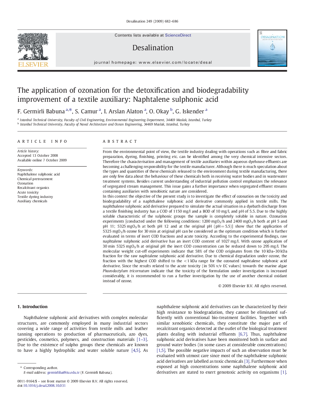 The application of ozonation for the detoxification and biodegradability improvement of a textile auxiliary: Naphtalene sulphonic acid