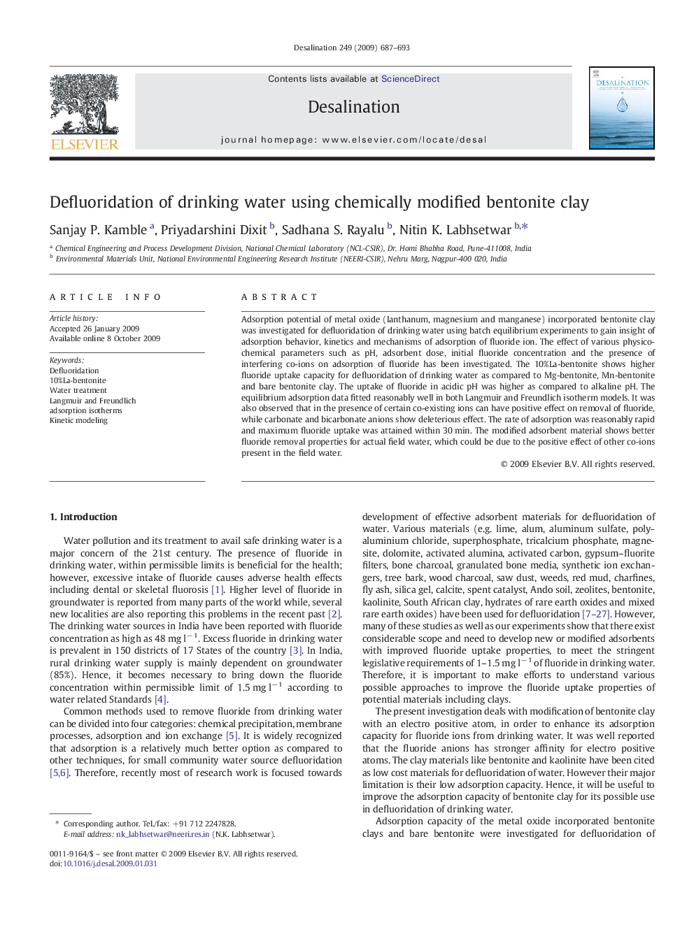 Defluoridation of drinking water using chemically modified bentonite clay