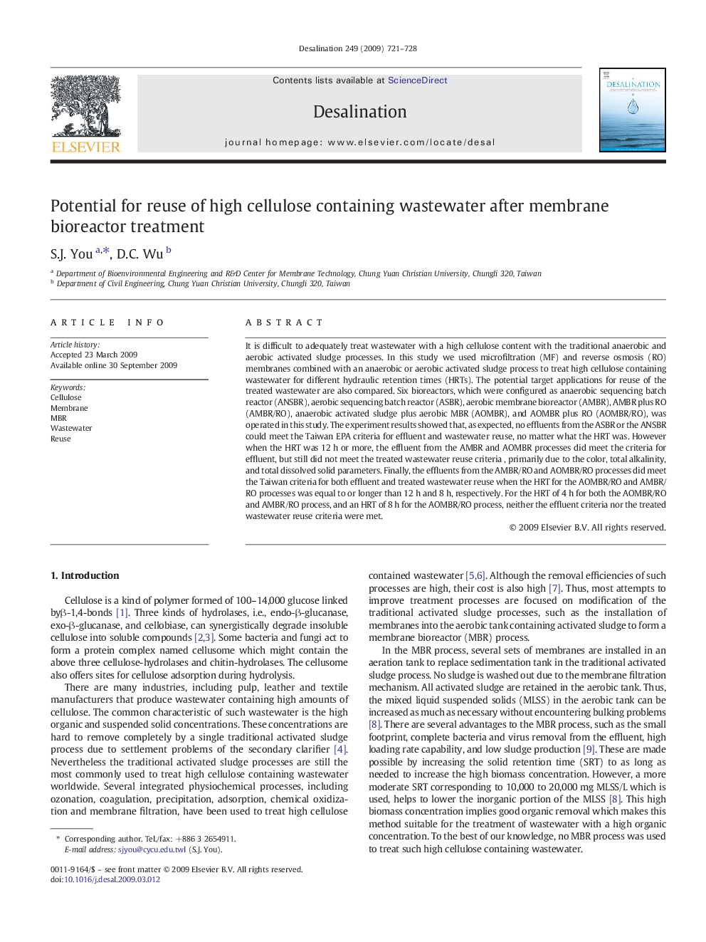 Potential for reuse of high cellulose containing wastewater after membrane bioreactor treatment