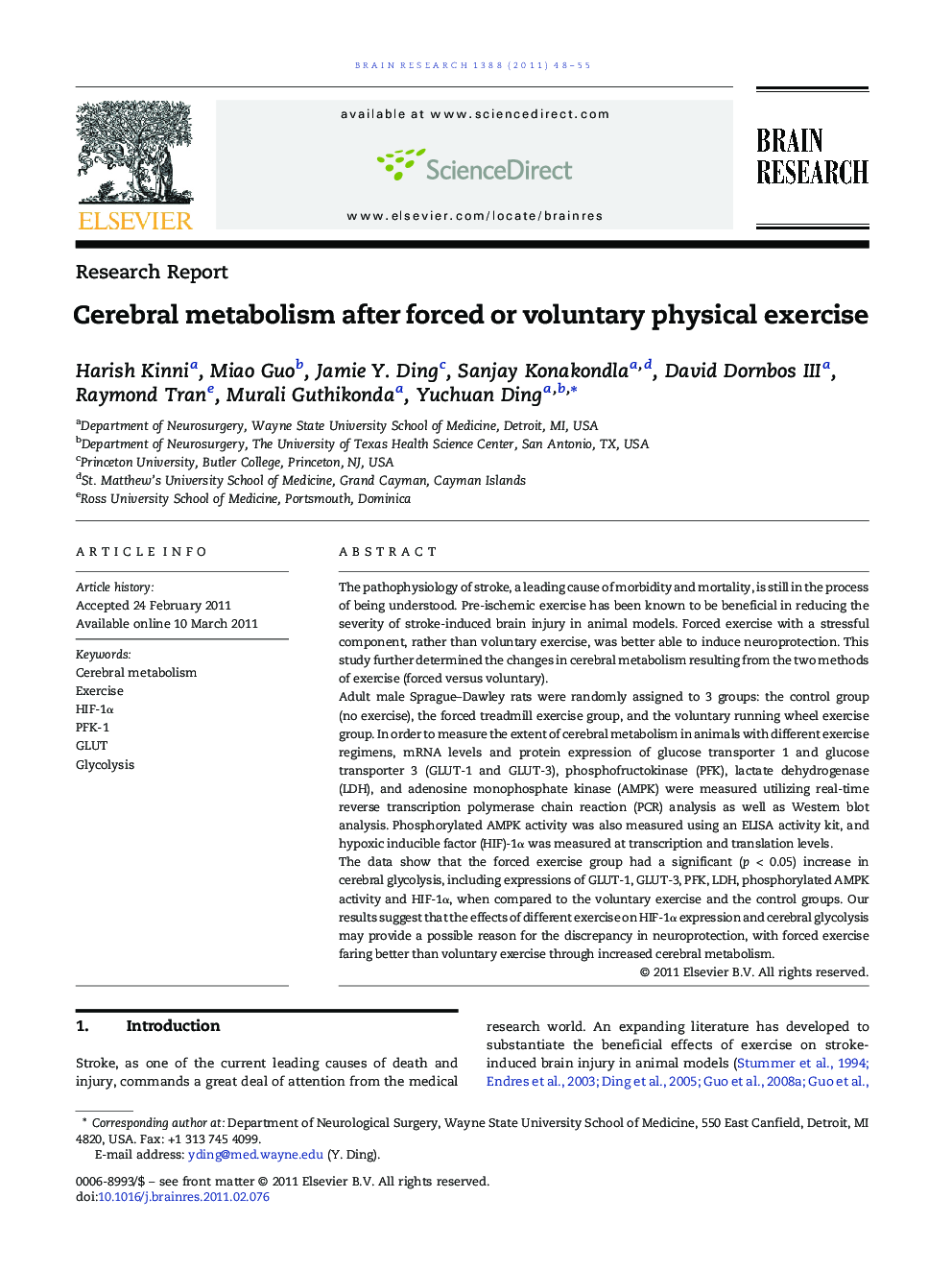 Research ReportCerebral metabolism after forced or voluntary physical exercise