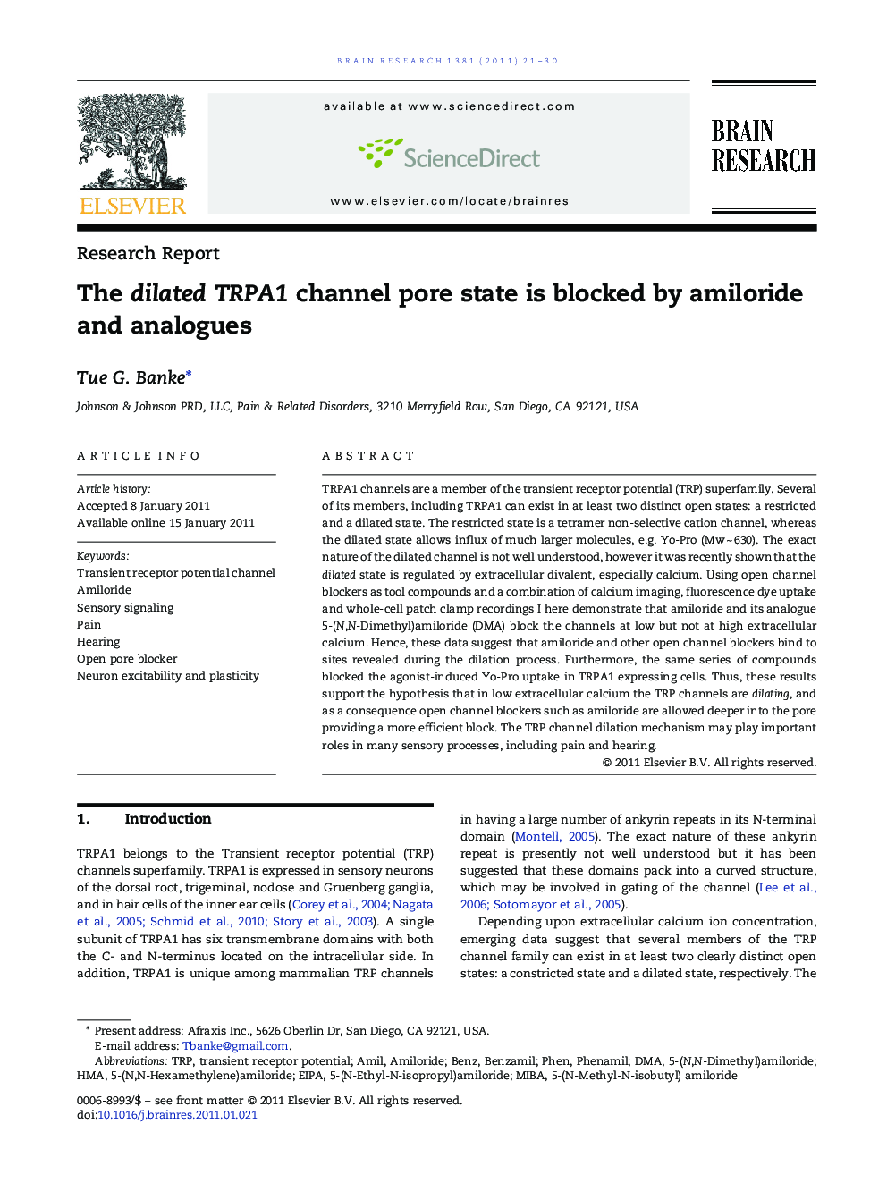 عکس صفحه اول مقاله: Research ReportThe dilated TRPA1 channel pore state is blocked by amiloride and analogues Research ReportThe dilated TRPA1 channel pore state is blocked by amiloride and analogues