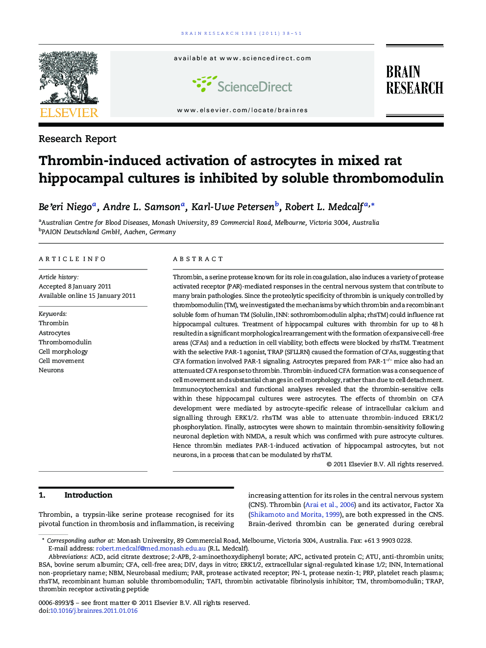 Research ReportThrombin-induced activation of astrocytes in mixed rat hippocampal cultures is inhibited by soluble thrombomodulin