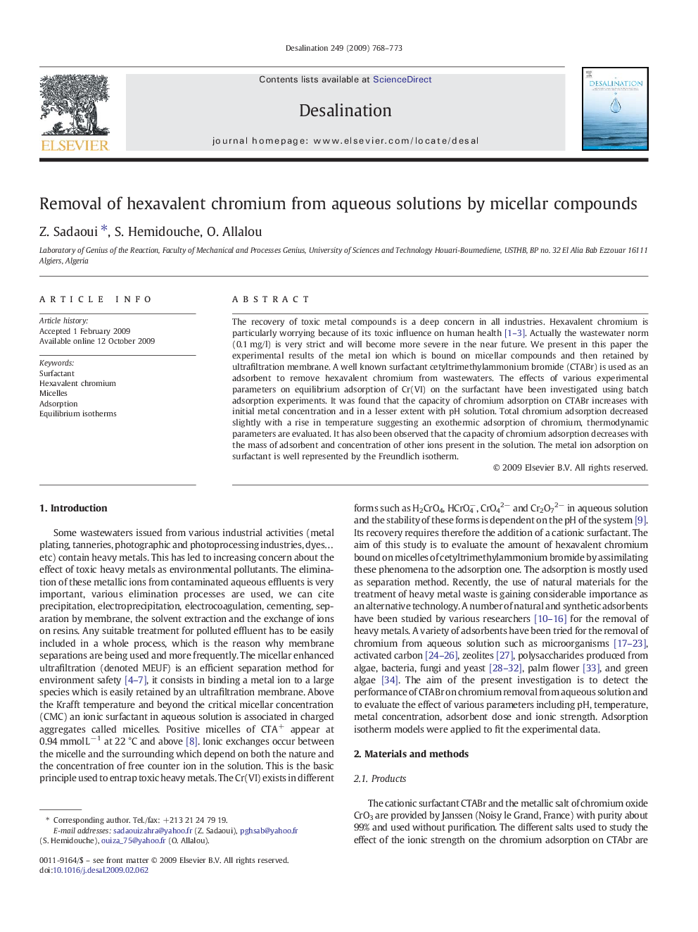 Removal of hexavalent chromium from aqueous solutions by micellar compounds