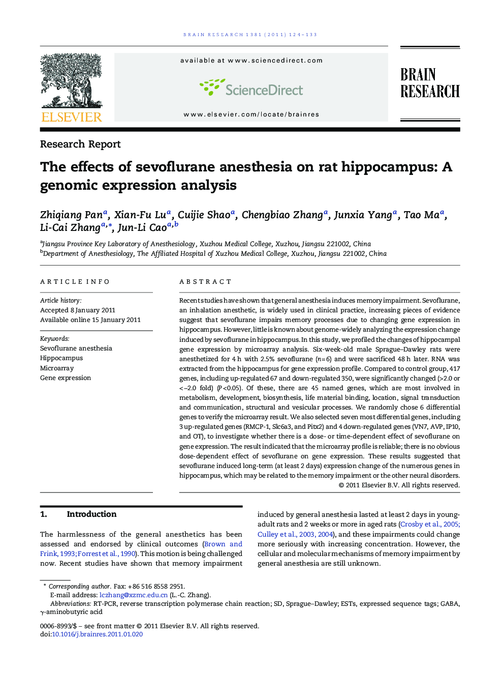 The effects of sevoflurane anesthesia on rat hippocampus: A genomic expression analysis