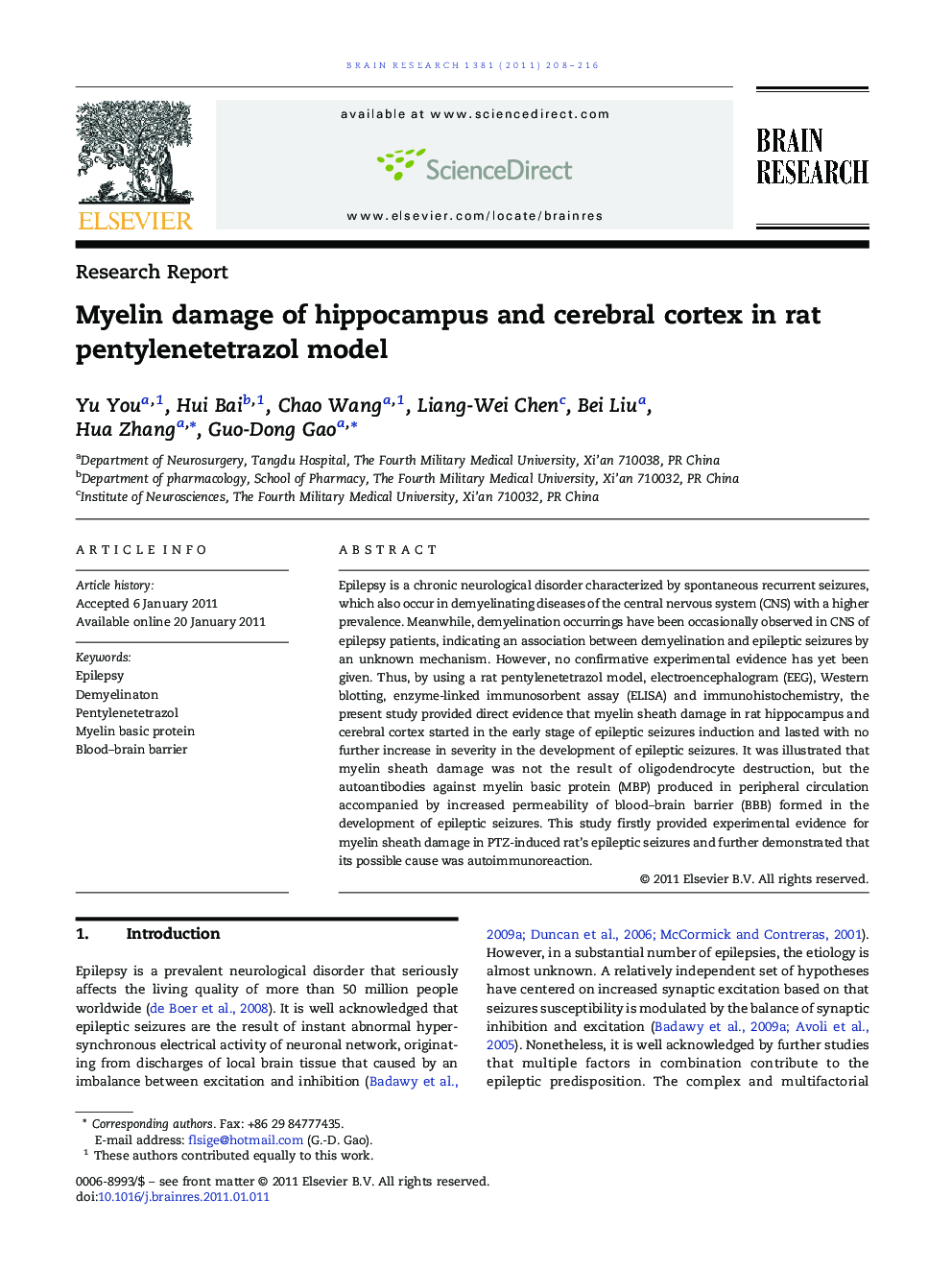 Research ReportMyelin damage of hippocampus and cerebral cortex in rat pentylenetetrazol model