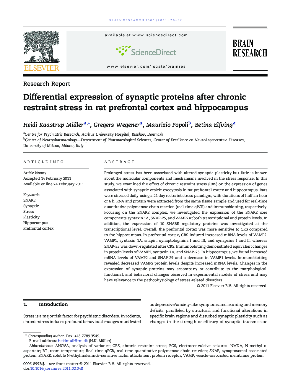 Research ReportDifferential expression of synaptic proteins after chronic restraint stress in rat prefrontal cortex and hippocampus